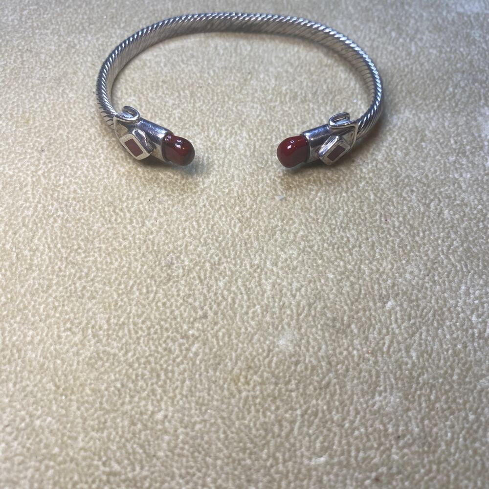 Sterling Silver Cable Cuff Bracelet Bloodstone Accents 7" Long 6 mm Wide 27.8g